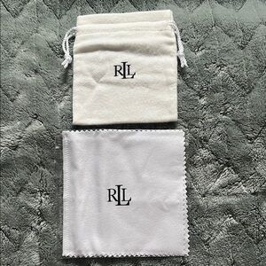RLL logo. Ralph Lauren White Drawstring Pouch and Cloth Set for sterling silver.